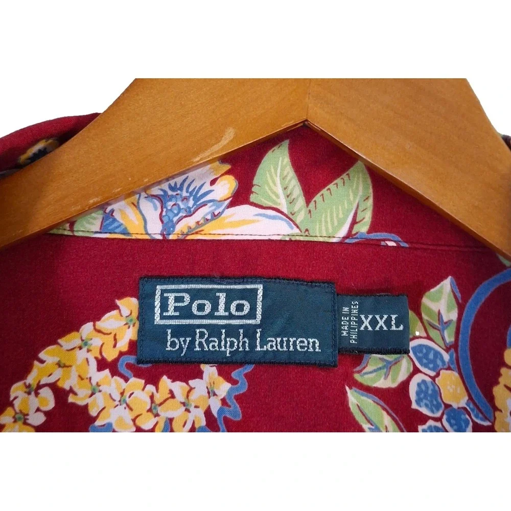 VTG Polo Ralph Lauren Hawaiian Shirt Men's 2XL Red Flower & Guitars Button Up